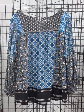 LOFT Black/White/Blue Pattern L/S Blouse Size Large